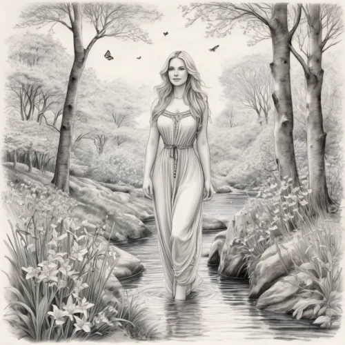 the blonde in the river,faerie,secret garden of venus,dryad,garden of eden,fantasy woman,woman walking,cd cover,sorceress,ballerina in the woods,girl on the river,hand-drawn illustration,rusalka,pencil drawing,the enchantress,faery,girl in the garden,water nymph,pencil drawings,the night of kupala,Illustration,Black and White,Black and White 30