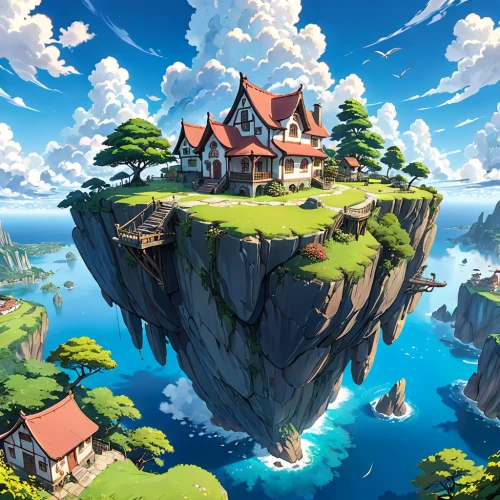 flying island,studio ghibli,meteora,floating island,house in mountains,mountain settlement,skyland,house in the mountains,hot-air-balloon-valley-sky,fantasy world,home landscape,mountain world,mushroom island,fantasy landscape,3d fantasy,chasm,floating islands,bastei,summit castle,house with lake,Anime,Anime,General