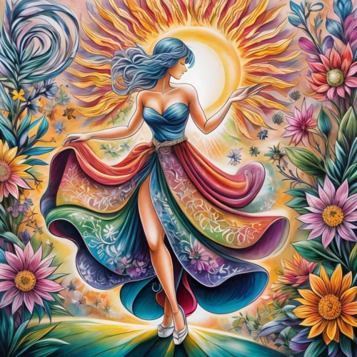 boho art,pachamama,psychedelic art,fairy peacock,virgo,radha,flora,gypsy soul,girl in flowers,flower painting,mantra om,cosmic flower,colorful daisy,mother earth,dance with canvases,krishna,abundance,dancer,harmony of color,colorful tree of life