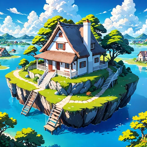 house by the water,studio ghibli,house with lake,little house,summer cottage,home landscape,cottage,lonely house,fisherman's house,floating island,archipelago,small house,flying island,popeye village,the island,island,seaside country,island suspended,house of the sea,houseboat,Anime,Anime,Traditional