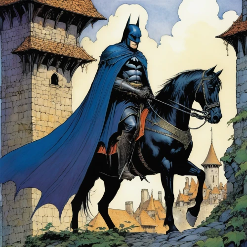 heroic fantasy,batman,camelot,lantern bat,horseman,cuirass,caped,horseback,cover,castle of the corvin,comic books,riding lessons,knight village,bat,comics,comic hero,iron mask hero,gunfighter,corvus,wall,Illustration,Realistic Fantasy,Realistic Fantasy 04