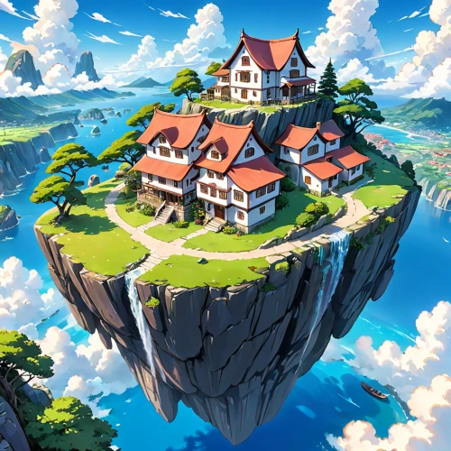 studio ghibli,floating island,flying island,house in mountains,meteora,house in the mountains,sky apartment,summit castle,house with lake,skyland,cube house,mushroom island,3d fantasy,fairy tale castle,home landscape,floating islands,bastei,roof landscape,mountain settlement,island suspended,Anime,Anime,Traditional