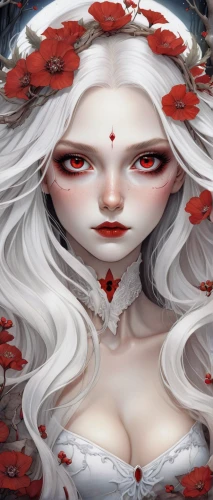 white rose snow queen,rose white and red,fire red eyes,porcelain rose,queen of hearts,black rose hip,white lady,white and red,the snow queen,white rose,winter rose,fallen petals,moonflower,white blossom,red petals,bleeding heart,vampire lady,white roses,widow flower,elven flower,Illustration,Abstract Fantasy,Abstract Fantasy 11