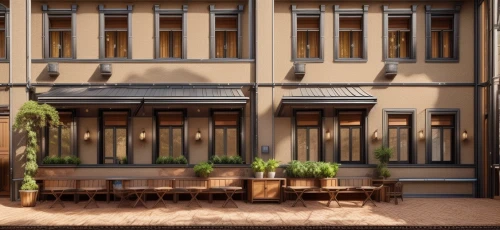 boutique hotel,paris balcony,an apartment,luxury hotel,hotel riviera,awnings,apartment building,bistro,a restaurant,grand hotel,apartment house,wild west hotel,street cafe,old town house,apartments,3d rendering,venetian hotel,balconies,apartment complex,block balcony