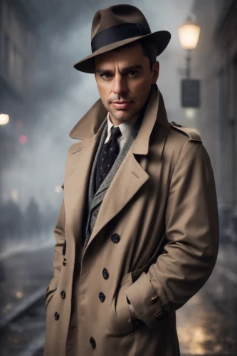 overcoat,trench coat,detective,frock coat,private investigator,sherlock holmes,inspector,long coat,investigator,fedora,old coat,holmes,coat,white-collar worker,men clothes,trilby,film noir,secret agent,al capone,man's fashion,Photography,Cinematic
