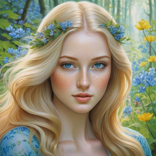 faery,fantasy portrait,faerie,elven flower,jessamine,girl in flowers,beautiful girl with flowers,fairy queen,fairy tale character,mystical portrait of a girl,fantasy art,flower fairy,spring crown,celtic woman,romantic portrait,fantasy picture,fae,elsa,bluebell,rosa 'the fairy,Illustration,Realistic Fantasy,Realistic Fantasy 26