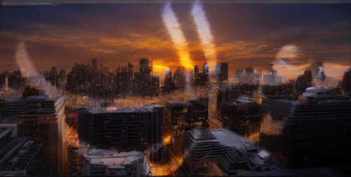 city in flames,apocalyptic,post-apocalyptic landscape,doomsday,destroyed city,end of the world,armageddon,the end of the world,futuristic landscape,apocalypse,dystopian,digital compositing,city scape,metropolis,alien invasion,post-apocalypse,black city,world digital painting,burning earth,urbanization,Light and shadow,Landscape,City Twilight