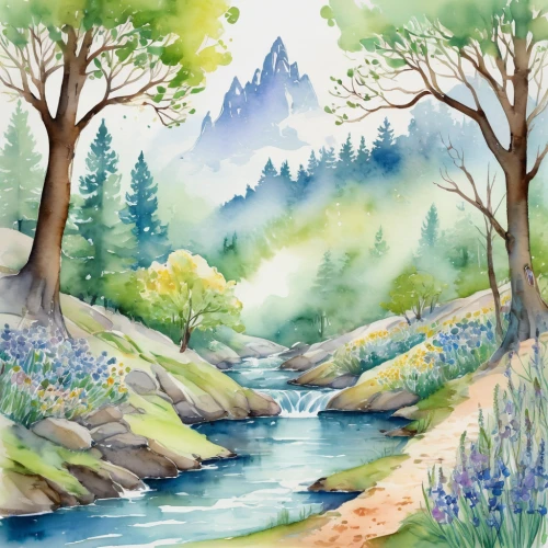 watercolor background,brook landscape,mountain spring,watercolor blue,landscape background,mountain stream,springtime background,watercolor painting,watercolor,river landscape,watercolor paint,water colors,salt meadow landscape,spring background,water color,watercolors,nature landscape,forest background,mountain scene,streams,Illustration,Paper based,Paper Based 25