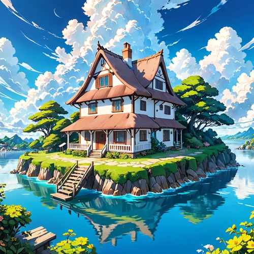 house by the water,house with lake,studio ghibli,summer cottage,little house,cottage,fisherman's house,floating island,home landscape,lonely house,crooked house,houseboat,house of the sea,beautiful home,small house,witch's house,treasure house,roof landscape,flying island,3d fantasy,Anime,Anime,Traditional