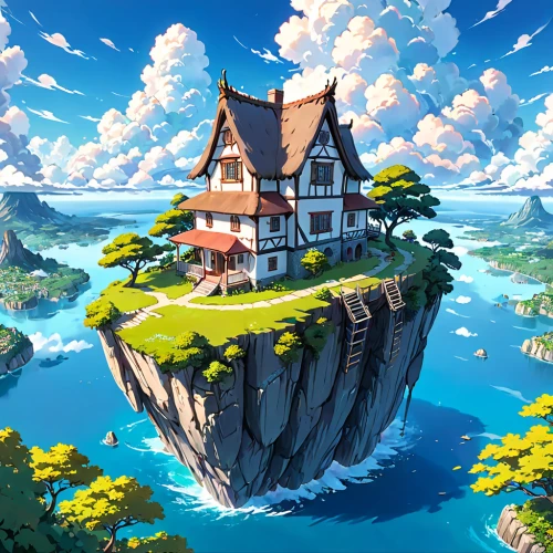 studio ghibli,floating island,flying island,house with lake,house by the water,meteora,floating islands,house in mountains,little house,house of the sea,home landscape,house in the mountains,mushroom island,crooked house,island suspended,fantasy world,3d fantasy,monkey island,summit castle,sky apartment,Anime,Anime,Traditional