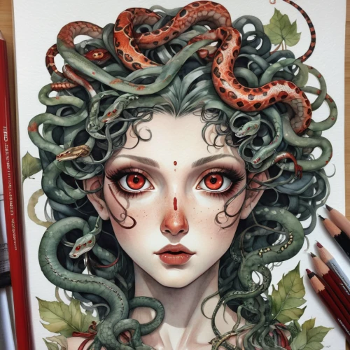 medusa,medusa gorgon,gorgon,tendrils,cnidaria,angelica,coral bells,flora,dryad,chrysanths,ivy,celestial chrysanthemum,tentacles,cayenne,coral,gunnera,curls,poisonous,fantasy portrait,romanesco,Illustration,Abstract Fantasy,Abstract Fantasy 11