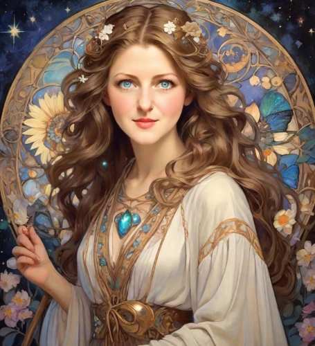 mucha,fantasy portrait,faery,fairy queen,faerie,zodiac sign libra,mystical portrait of a girl,virgo,golden wreath,vanessa (butterfly),art nouveau,emile vernon,the angel with the veronica veil,baroque angel,rosa 'the fairy,angel,fairy tale character,flower fairy,dove of peace,star mother
