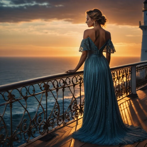 evening dress,girl in a long dress,ball gown,romantic look,romantic portrait,enchanting,celtic woman,ocean view,gown,girl in a long dress from the back,long dress,robe,shades of blue,vintage dress,cocktail dress,blue moment,romantic night,blue enchantress,blue dress,the carnival of venice,Photography,General,Fantasy