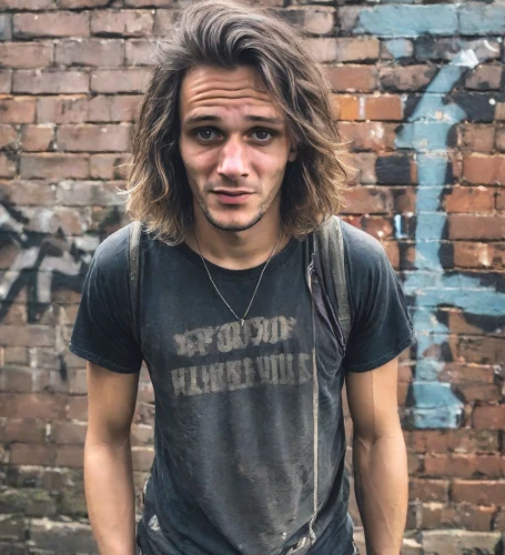 austin stirling,austin morris,homeless man,caveman,british semi-longhair,surfer hair,disheveled,brick wall background,dreadlocks,grunge,ryan navion,cave man,danila bagrov,concrete background,jack rose,homeless,ragamuffin,christian berry,city ​​portrait,british longhair,Photography,Realistic