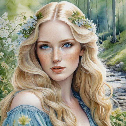 fantasy portrait,jessamine,elven flower,faerie,faery,elsa,fantasy art,white rose snow queen,fairy queen,the blonde in the river,celtic woman,elven,fantasy picture,celtic queen,romantic portrait,fairy tale character,fae,fantasy woman,spring crown,virgo,Illustration,Realistic Fantasy,Realistic Fantasy 16