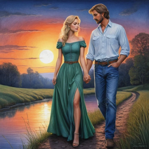 the blonde in the river,shepherd romance,romance novel,romantic portrait,fantasy picture,southern belle,country-western dance,romantic scene,young couple,beautiful couple,country song,man and wife,country dress,fantasy art,idyll,girl and boy outdoor,adam and eve,way of the roses,loving couple sunrise,oil painting on canvas,Illustration,Realistic Fantasy,Realistic Fantasy 26