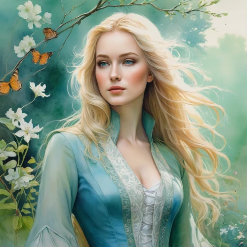 fantasy portrait,celtic woman,elsa,fantasy art,fairy tale character,fantasy picture,fairy queen,white rose snow queen,faerie,faery,celtic queen,romantic portrait,elven,jessamine,fantasy woman,elven flower,the snow queen,mystical portrait of a girl,rapunzel,suit of the snow maiden,Illustration,Realistic Fantasy,Realistic Fantasy 16