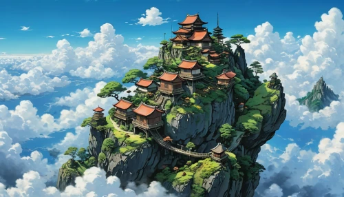 studio ghibli,fairy chimney,floating island,mushroom island,mountain settlement,roof landscape,summit castle,tree house,sky apartment,cloud mountain,skyscraper town,housetop,flying island,mushroom landscape,house in mountains,my neighbor totoro,house roofs,house in the forest,tigers nest,bird kingdom,Illustration,Japanese style,Japanese Style 18