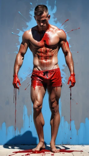 wrestler,strongman,world digital painting,lethwei,blood spatter,muscular system,bodybuilder,muscle man,blood flow,red paint,barbarian,bodybuilding,body-building,blood fink,blood stains,red super hero,body building,man blood,siam fighter,digital painting,Photography,General,Realistic