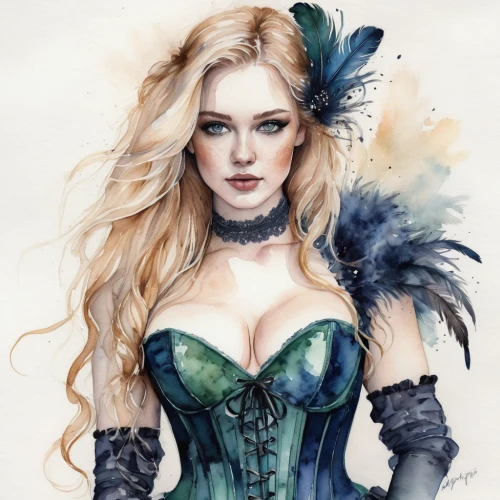 victorian lady,celtic queen,fantasy art,fantasy portrait,fantasy woman,fashion illustration,faery,fairy queen,fairy tale character,corset,faerie,watercolor pin up,the enchantress,elsa,vanessa (butterfly),lady of the night,masquerade,queen of the night,poison ivy,celtic woman,Illustration,Paper based,Paper Based 20