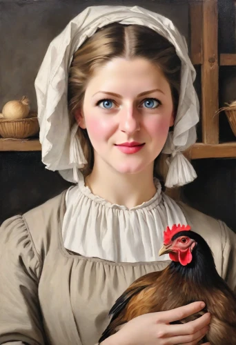 woman holding pie,portrait of a hen,girl with bread-and-butter,milkmaid,domestic chicken,cockerel,girl in the kitchen,girl in a historic way,the hen,hen,mother hen,cock-a-leekie soup,red hen,female nurse,woman with ice-cream,bornholmer margeriten,portrait of a girl,woman eating apple,redcock,girl with cloth