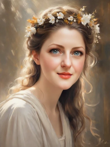 flower crown of christ,mystical portrait of a girl,fantasy portrait,romantic portrait,emile vernon,jessamine,bouguereau,world digital painting,mary-gold,angel moroni,digital painting,white lady,portrait of a girl,the prophet mary,portrait of christi,portrait background,girl portrait,young woman,young lady,oil painting