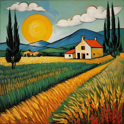farm landscape,rural landscape,home landscape,agricultural,david bates,cultivated field,vegetables landscape,yellow grass,agriculture,campagna,landscape,wheat field,alentejo,tuscan,provence,ricefield,grant wood,italian painter,wheat fields,barley field,Art,Artistic Painting,Artistic Painting 05