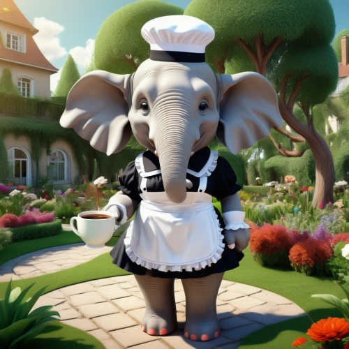 girl elephant,circus elephant,housekeeping,housekeeper,pachyderm,elephant,cartoon elephants,dumbo,elephant kid,elephant's child,zookeeper,gardenia,whimsical animals,lawn ornament,elephant ride,pink elephant,garden party,stacked elephant,disney character,waitress