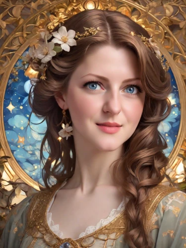 princess anna,fantasy portrait,cinderella,fairy tale character,celtic woman,princess sofia,celtic queen,queen anne,mary-gold,emile vernon,rapunzel,angelica,mystical portrait of a girl,fairy queen,fae,golden wreath,fantasy art,faery,fairy tale icons,rosa 'the fairy,Photography,Natural