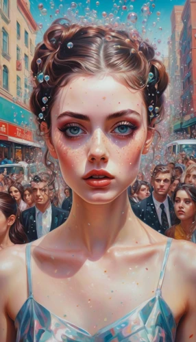 world digital painting,the girl's face,girl with speech bubble,illusion,crowds,surrealism,oil painting on canvas,digital art,sci fiction illustration,girl in a long,audience,digital painting,popular art,dystopia,the illusion,crowd,digital artwork,masquerade,distorted,city ​​portrait,Conceptual Art,Daily,Daily 15