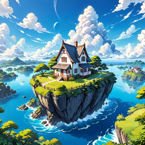 studio ghibli,flying island,home landscape,floating island,little house,house of the sea,fantasy world,house in mountains,fairy tale castle,delight island,fantasy landscape,hot-air-balloon-valley-sky,3d fantasy,an island far away landscape,house by the water,popeye village,high landscape,roof landscape,lonely house,dream world,Anime,Anime,Traditional