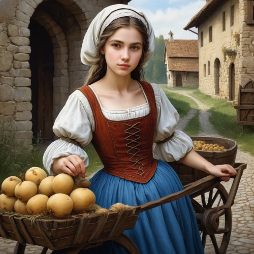 girl with bread-and-butter,girl picking apples,woman holding pie,milkmaid,woman with ice-cream,woman eating apple,girl in the kitchen,girl with a wheel,girl with cereal bowl,girl with cloth,east-european shepherd,basket weaver,basket maker,bouguereau,young woman,basket of apples,girl in a historic way,breadbasket,basket with apples,cart of apples,Illustration,Paper based,Paper Based 02