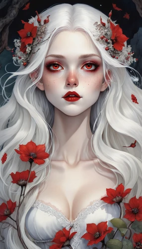 white rose snow queen,fallen petals,white blossom,elven flower,coral bells,rosehips,black rose hip,rose white and red,guelder rose,winter rose,fantasy portrait,dryad,red petals,eglantine,fire red eyes,rose hips,star magnolia,the snow queen,white rose,widow flower,Illustration,Abstract Fantasy,Abstract Fantasy 11