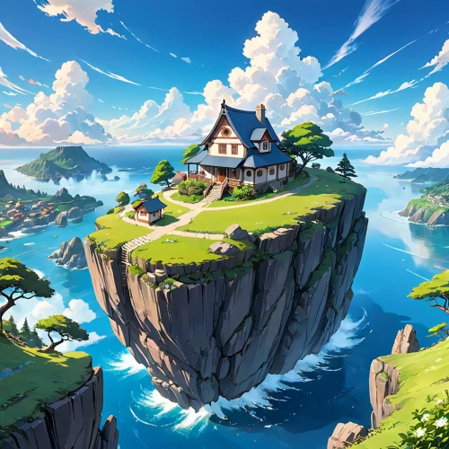 studio ghibli,house in mountains,home landscape,summit castle,flying island,meteora,house in the mountains,knight's castle,fantasy landscape,little house,high landscape,mountain settlement,roof landscape,house with lake,lonely house,landscape background,house by the water,an island far away landscape,mushroom island,summer cottage,Anime,Anime,Realistic