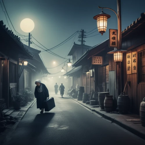 night scene,world digital painting,lanterns,evening atmosphere,lamplighter,alley,oriental,tsukemono,alleyway,kyoto,vintage asian,street lamps,narrow street,japan landscape,suzhou,japanese lantern,izakaya,street scene,japanese culture,atmospheric,Photography,General,Fantasy