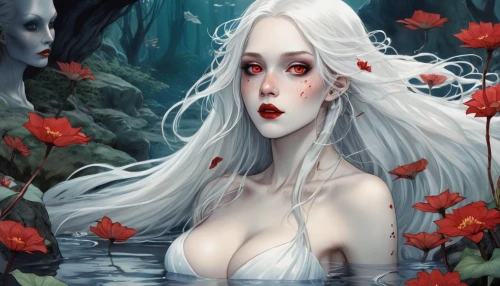 white rose snow queen,rusalka,elven flower,water-the sword lily,vampire lady,water nymph,merfolk,the snow queen,water rose,water lotus,vampire woman,white lady,fantasy art,siren,faerie,coral bells,seerose,ice queen,fantasy portrait,faery,Illustration,Abstract Fantasy,Abstract Fantasy 11