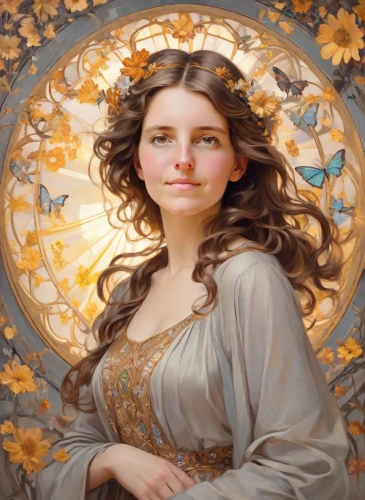 mucha,art nouveau,fantasy portrait,vanessa (butterfly),mystical portrait of a girl,art nouveau frame,dove of peace,baroque angel,mary-gold,emile vernon,autumn icon,lilian gish - female,art nouveau design,girl in a wreath,girl with cereal bowl,faerie,julia butterfly,faery,gatekeeper (butterfly),portrait of a girl