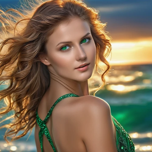 celtic woman,emerald sea,emerald,beach background,green mermaid scale,portrait photography,mermaid background,romantic portrait,turquoise,image manipulation,beautiful young woman,cuban emerald,girl on the dune,female model,color turquoise,photoshop manipulation,portrait photographers,beach glass,celtic queen,natural color,Photography,General,Realistic
