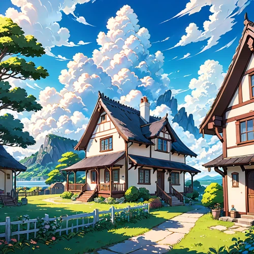 wooden houses,studio ghibli,home landscape,roof landscape,summer cottage,little house,house roofs,houses clipart,cottage,lonely house,seaside country,alpine village,wooden house,country cottage,aurora village,roofs,cottages,country house,country estate,countryside,Anime,Anime,Traditional