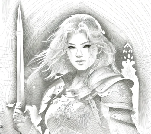 fantasy portrait,female warrior,paladin,heroic fantasy,lotus art drawing,joan of arc,warrior woman,celtic queen,swordswoman,game drawing,fantasy warrior,dwarf sundheim,digital drawing,elven,cuirass,fantasy woman,the snow queen,caerula,pencil drawing,angel line art,Design Sketch,Design Sketch,Character Sketch