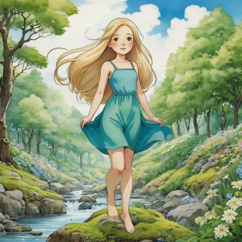 tsumugi kotobuki k-on,the blonde in the river,fairy world,springtime background,spring background,rapunzel,heidi country,studio ghibli,water-the sword lily,fairy tale character,girl in a long dress,rusalka,water nymph,celtic woman,vanessa (butterfly),cute cartoon image,clover meadow,fairy forest,girl in flowers,rosa 'the fairy,Illustration,Abstract Fantasy,Abstract Fantasy 10