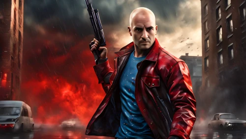 red hood,action-adventure game,mobile video game vector background,shooter game,red coat,action hero,gangstar,red super hero,game art,carmine,red arrow,eleven,background image,android game,dean razorback,fire background,action film,bald,kingpin,agent 13