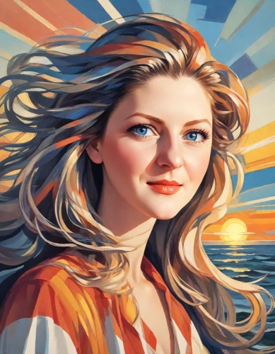 girl on the boat,world digital painting,portrait background,vector illustration,digital painting,vector art,retro woman,illustrator,sun and sea,custom portrait,painting technique,the wind from the sea,fantasy portrait,girl portrait,romantic portrait,the sea maid,at sea,sun,queen of liberty,sea