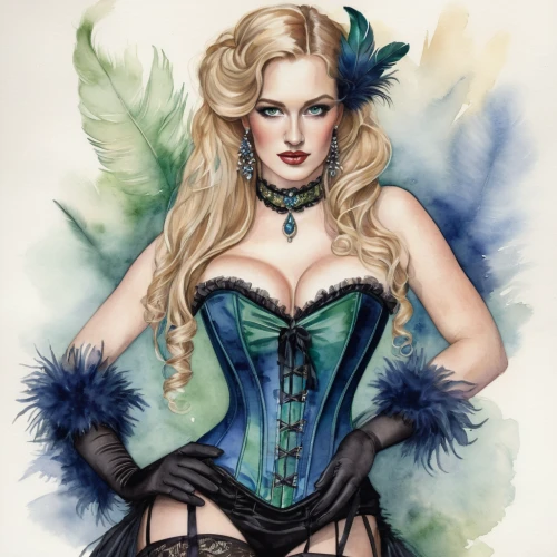 victorian lady,corset,fantasy woman,burlesque,fantasy art,celtic queen,fairy queen,watercolor pin up,victorian style,fantasy portrait,fairy tale character,neo-burlesque,fashion illustration,absinthe,faerie,faery,suit of the snow maiden,fairy peacock,blue enchantress,fantasy girl,Illustration,Paper based,Paper Based 08