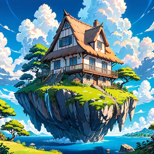 studio ghibli,house in mountains,floating island,house with lake,house in the mountains,crooked house,witch's house,house by the water,little house,treehouse,house in the forest,roof landscape,tree house,home landscape,flying island,lonely house,ancient house,wooden house,mountain settlement,treasure house,Anime,Anime,Traditional