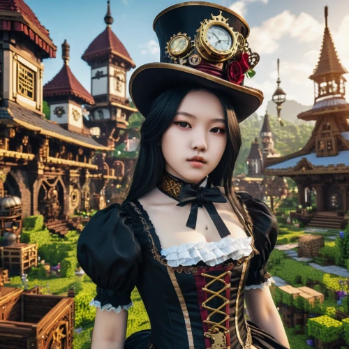 steampunk,victorian style,oktoberfest background,fantasy world,victorian,alice,fantasy city,doll's festival,witch hat,gothic fashion,witch's hat,massively multiplayer online role-playing game,witch's hat icon,kokoshnik,wonderland,3d fantasy,hatter,fairy tale character,queen of hearts,fantasy girl,Photography,General,Realistic