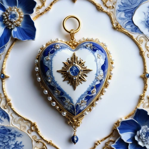 blue and white porcelain,vintage ornament,necklace with winged heart,heart with crown,blue heart,heart shape frame,enamelled,ornate pocket watch,stitched heart,locket,floral ornament,zippered heart,mazarine blue,gift of jewelry,blue leaf frame,ornament,rococo,brooch,red heart medallion,heart and flourishes,Illustration,Realistic Fantasy,Realistic Fantasy 16
