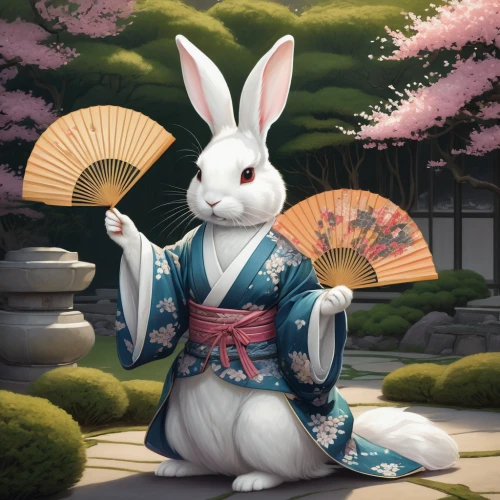 goki,deco bunny,japanese floral background,white rabbit,japanese art,white bunny,geisha,japanese sakura background,portrait background,sensei,japanese culture,bunny on flower,spring festival,bunny,japanese kawaii,easter background,japanese background,sakura mochi,japanese style,easter theme,Conceptual Art,Fantasy,Fantasy 17