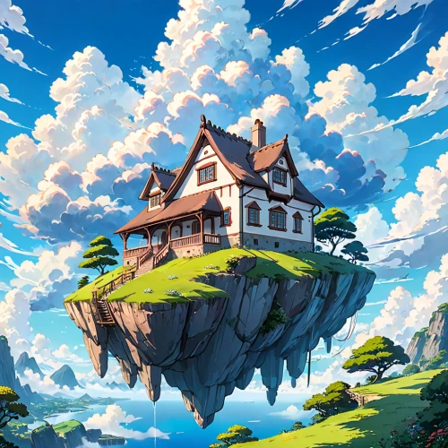 house in mountains,studio ghibli,house in the mountains,lonely house,meteora,house with lake,little house,mountain settlement,roof landscape,witch's house,home landscape,summit castle,house in the forest,small house,alpine village,fantasy landscape,mountain world,ancient house,mountain village,sky apartment,Anime,Anime,Traditional