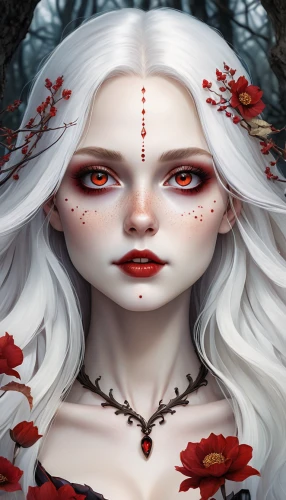 white rose snow queen,vampire lady,vampire woman,the snow queen,fire red eyes,queen of hearts,fantasy portrait,elven flower,winter rose,black rose hip,yulan magnolia,eglantine,white lady,rose white and red,eternal snow,snow white,fantasy art,faery,white blossom,rosehip,Illustration,Abstract Fantasy,Abstract Fantasy 11